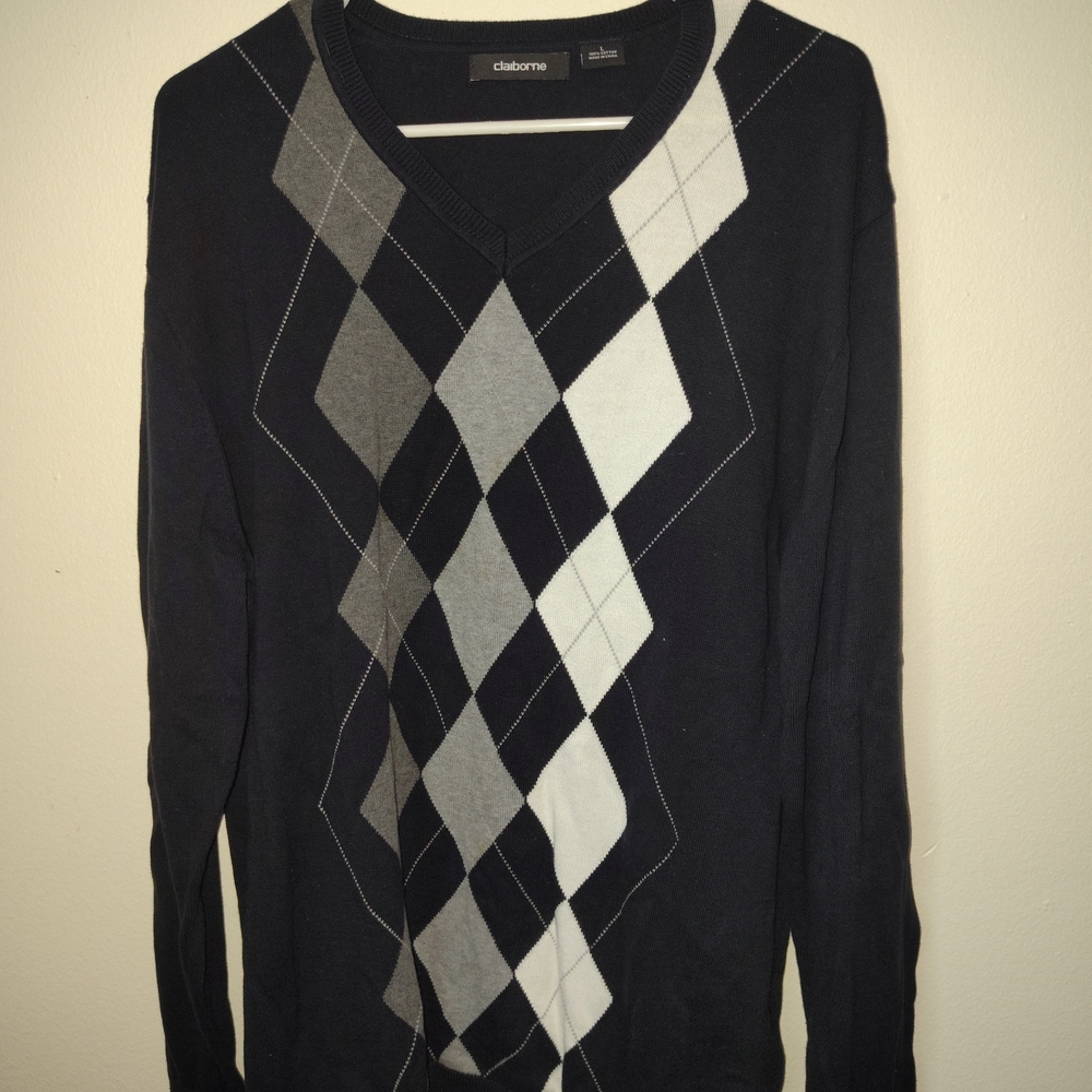 Claiborne Women's V-Neck Argyle Sweater - Black, Gray, White
